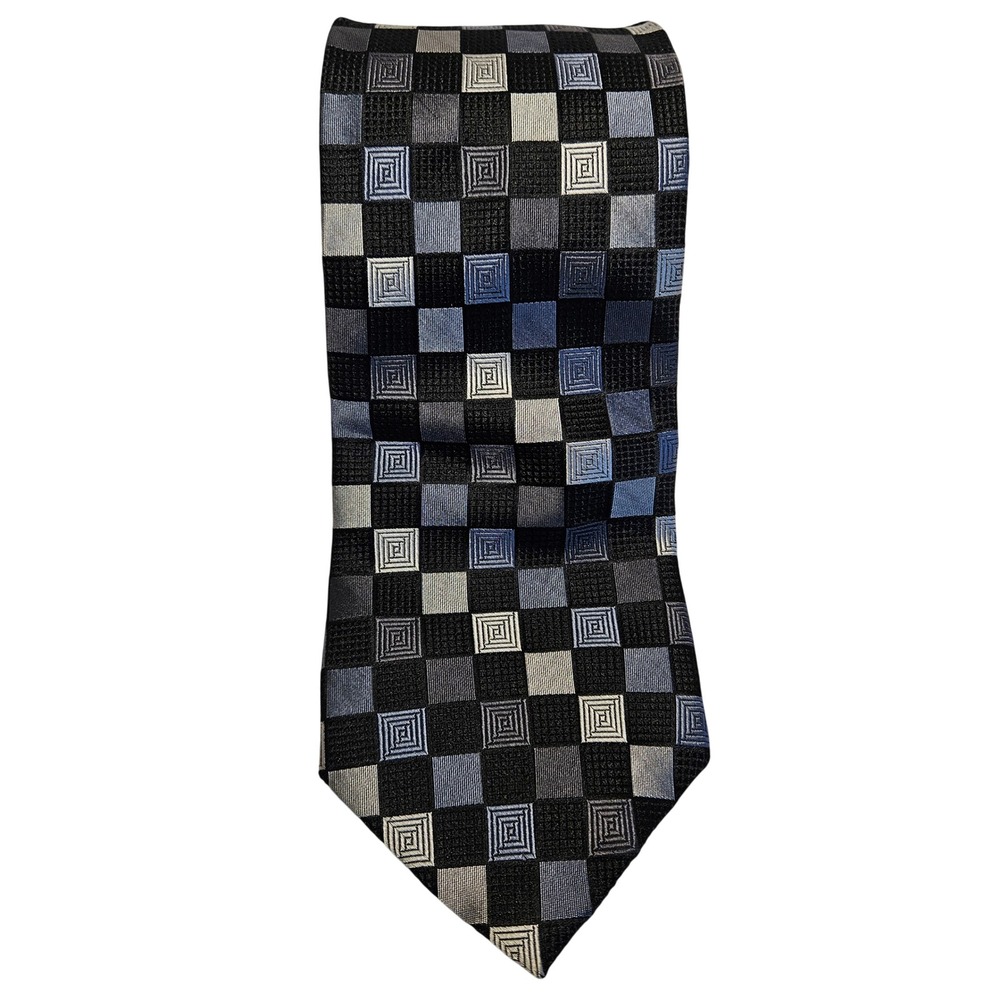 Roberto Villini Collezione Silk‎ Tie Black Grey Blue Geometric Check Squares
